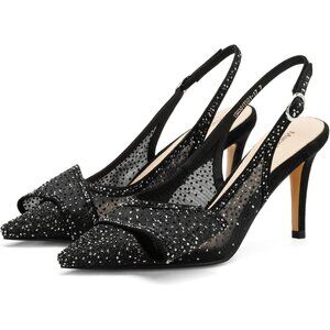 Women's Mesh Black Rhinestone Slingback Elasticated Strap Stylish Heel Pumps